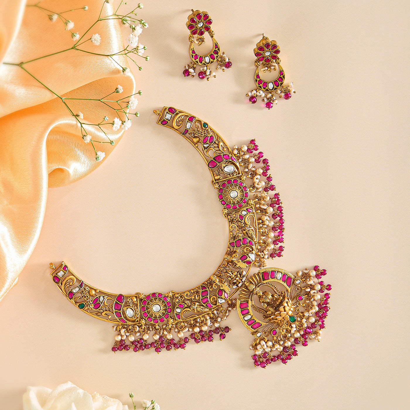 Divine 3D Kundan Lakshmi Necklace Set with Pearls and Antique Gold Finish