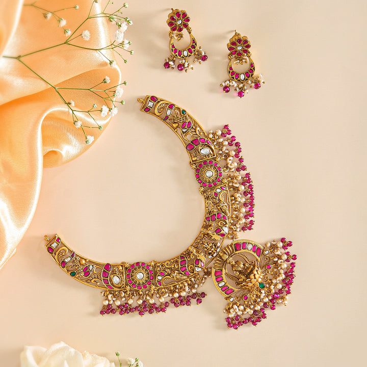 Divine 3D Kundan Lakshmi Necklace Set with Pearls and Antique Gold Finish