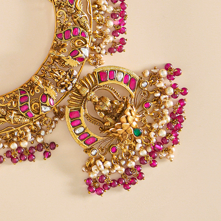 Divine 3D Kundan Lakshmi Necklace Set with Pearls and Antique Gold Finish