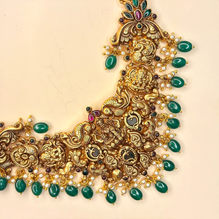 Gold Lakshmi Necklace with Green Beads