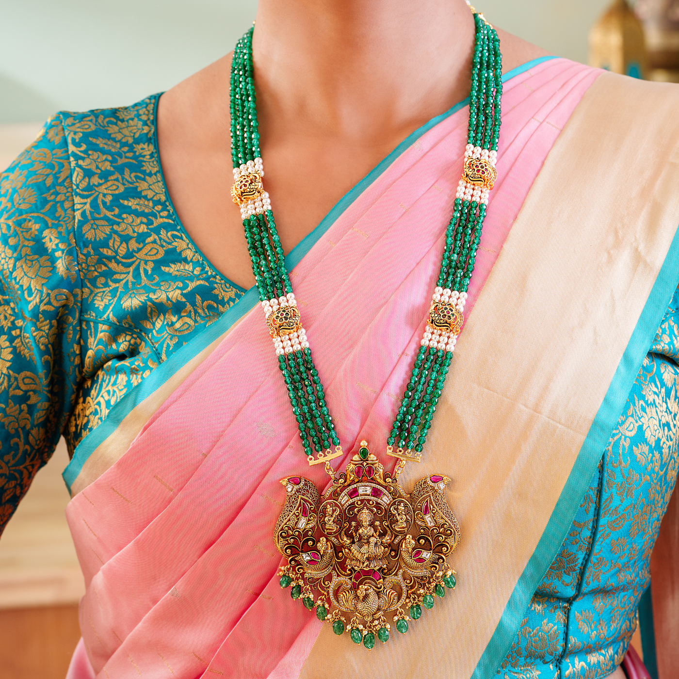 Imperial Pendant and Earring Set in Antique Lakshmi Design with Kundan Detailing