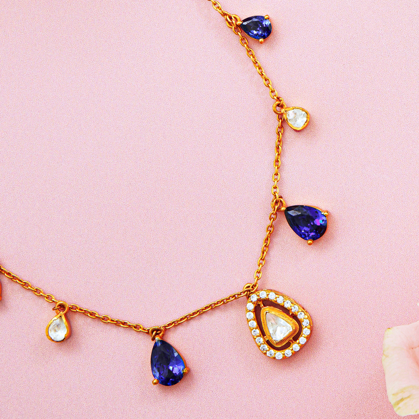 Blue and White Teardrop Necklace Set with Moissanite Accents