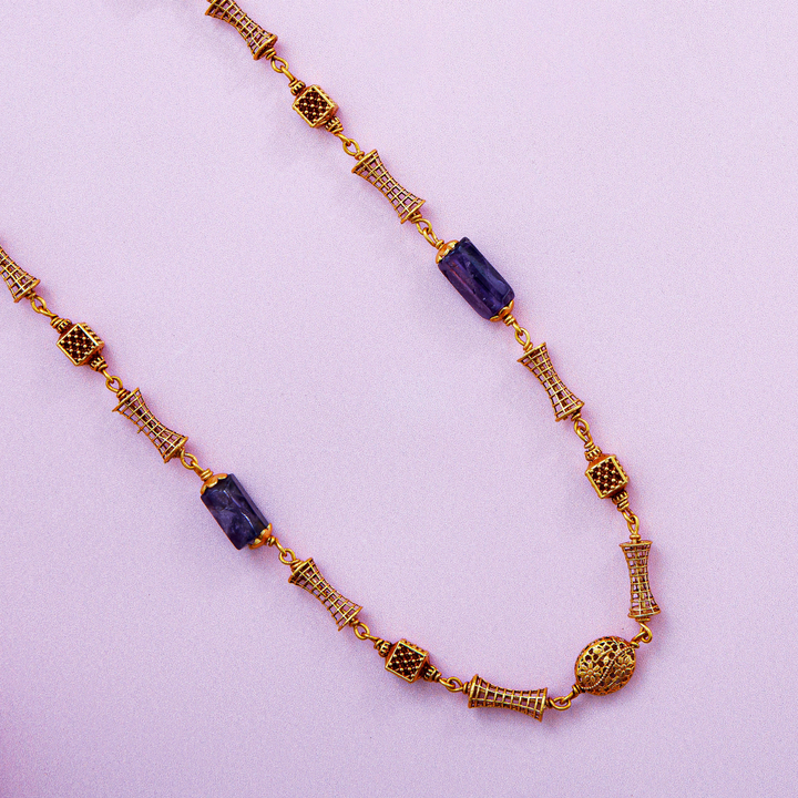 Classic Gold Beads Mala with Purple Semi-Precious Accents