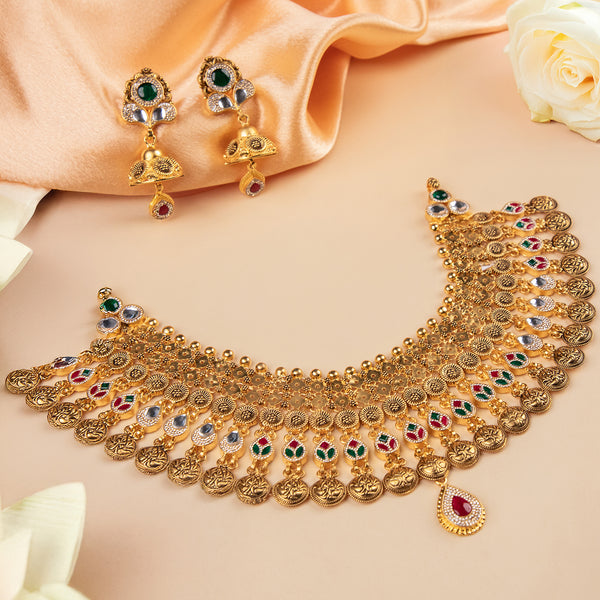 Gold Plated Necklace and Pink Drop Earring Set