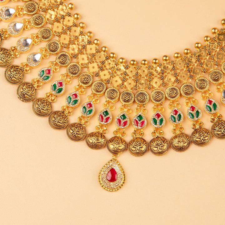 Gold Plated Necklace and Pink Drop Earring Set