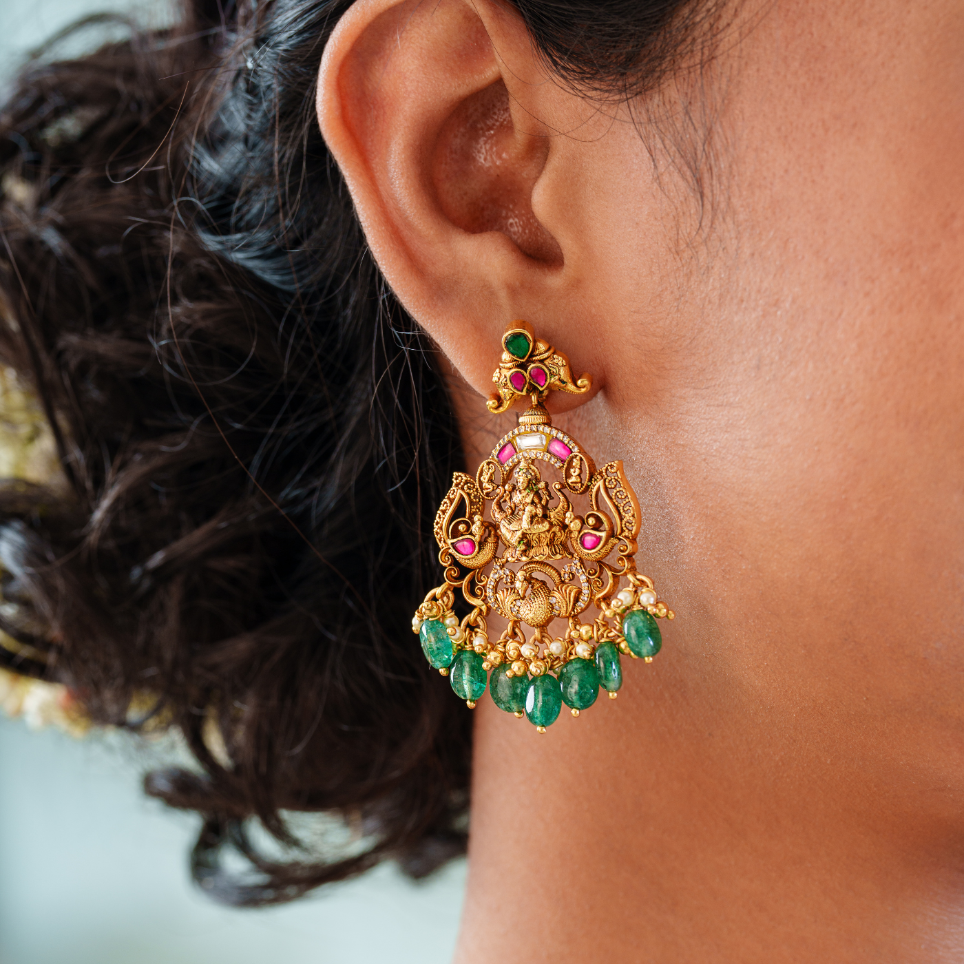 Imperial Pendant and Earring Set in Antique Lakshmi Design with Kundan Detailing