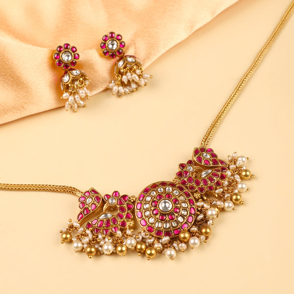 Gold Plated Kundan Polki Necklace and Jhumka Set