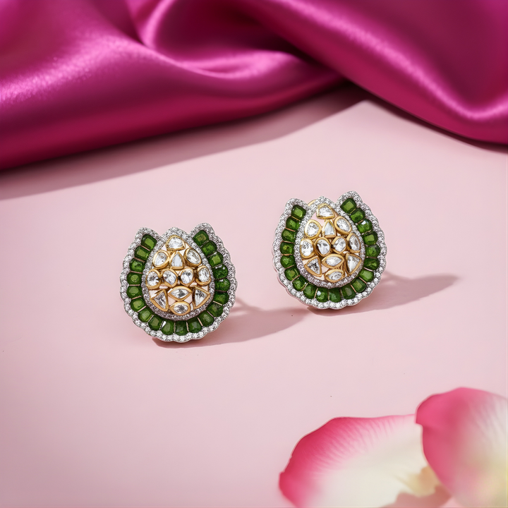 Handcrafted Green Aura Polki Stud Earrings