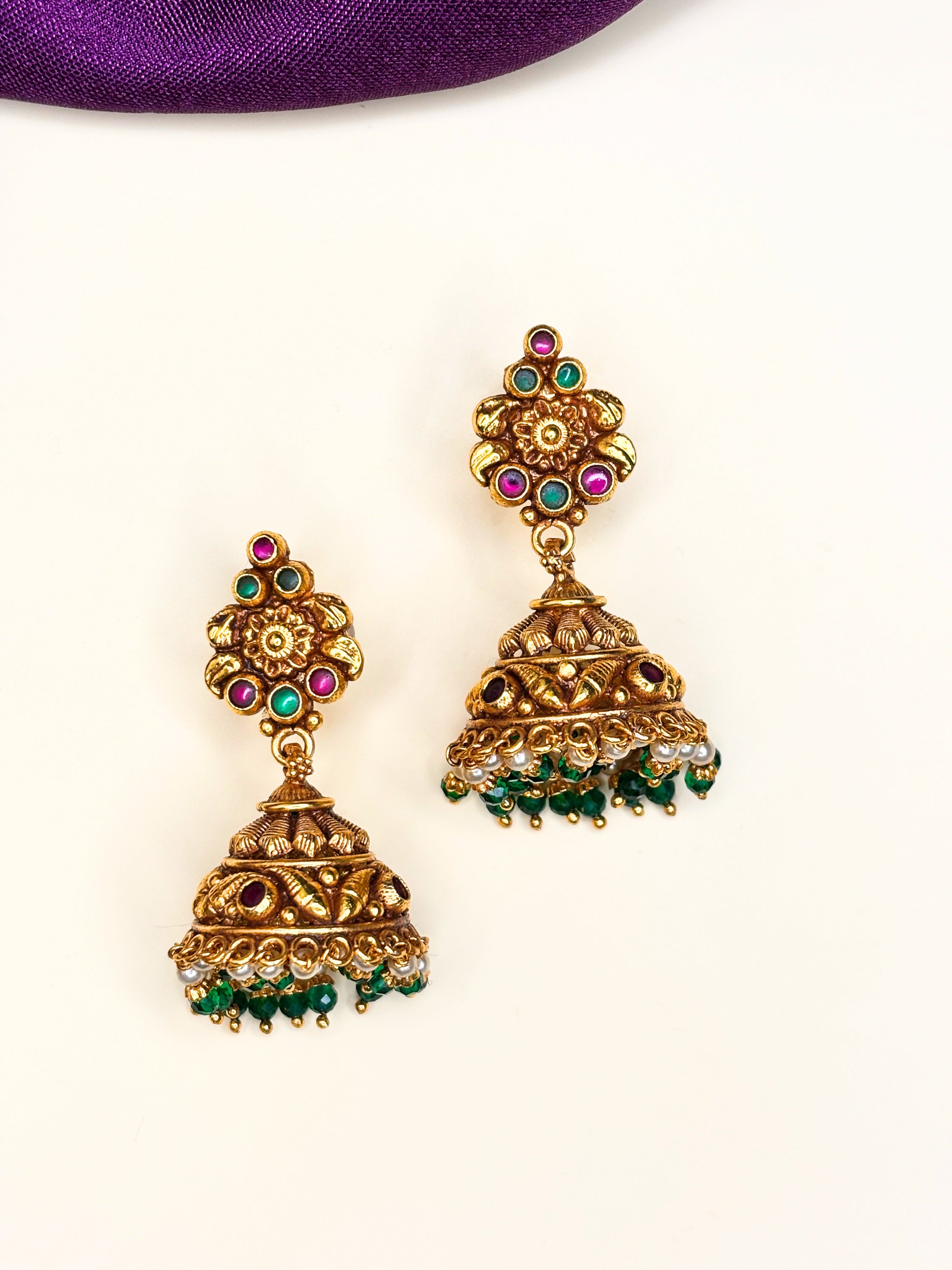Green floral Bell Jhumkas
