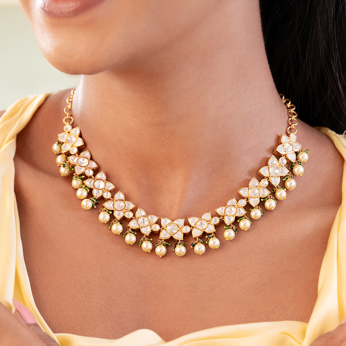 Luminous Golden Pearl Polki Necklace Set with Moissanite