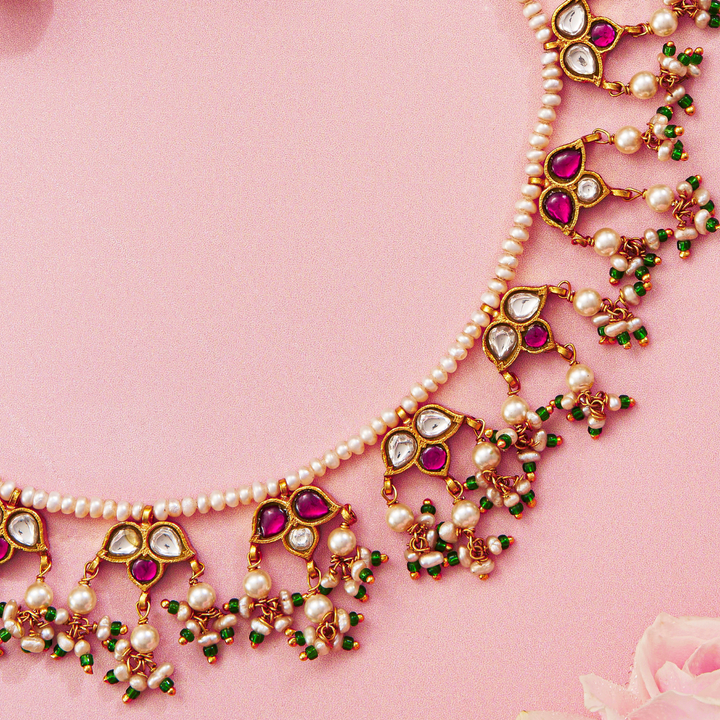 Exquisite Kundan Pearl Necklace Set with Traditional Goldwork
