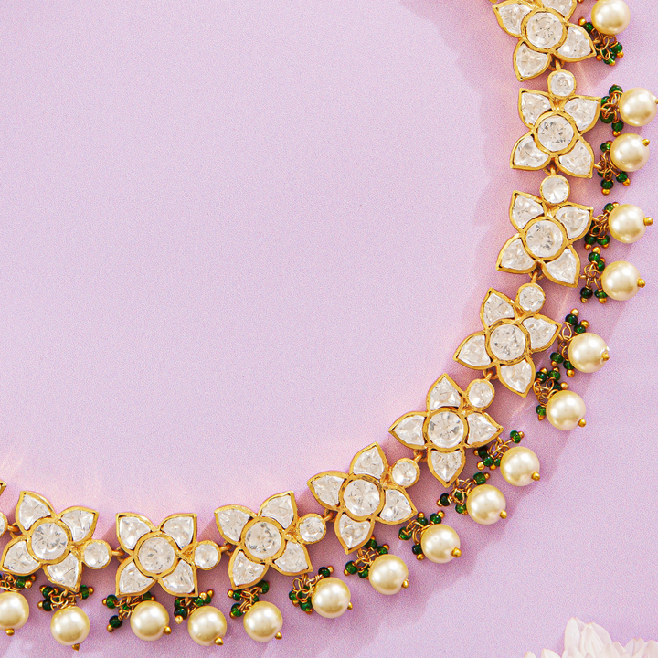 Luminous Golden Pearl Polki Necklace Set with Moissanite