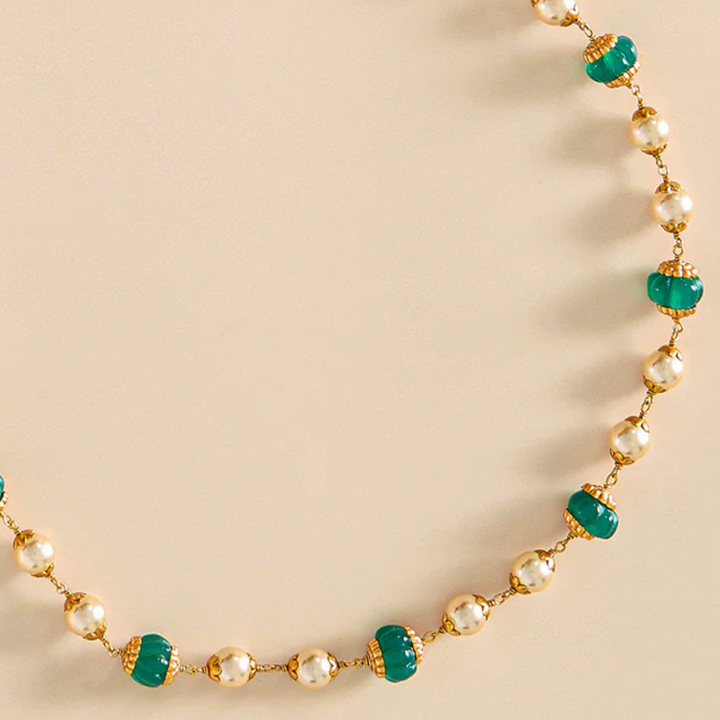 Pearl Mala with Green Semi-Precious Accents