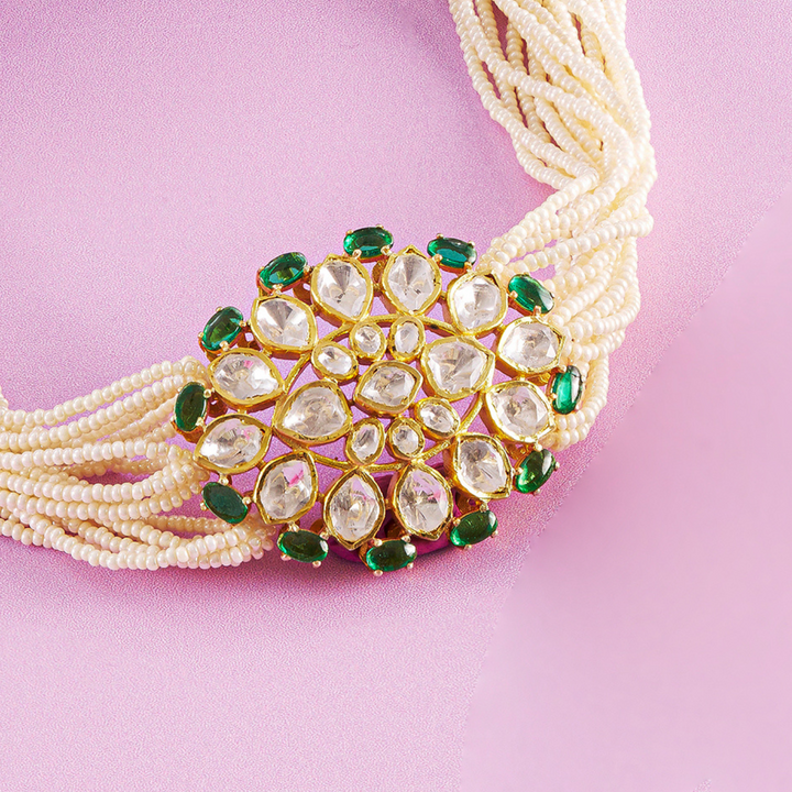 Verdant Glow Pearl Choker Necklace & Earring  Set