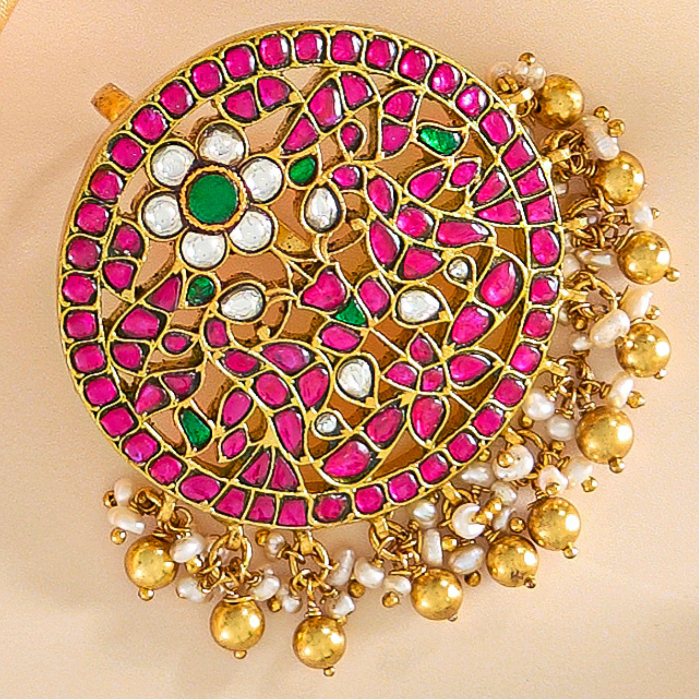 Vibrant Pink Kundan Gold Pendant Set with Green Accents