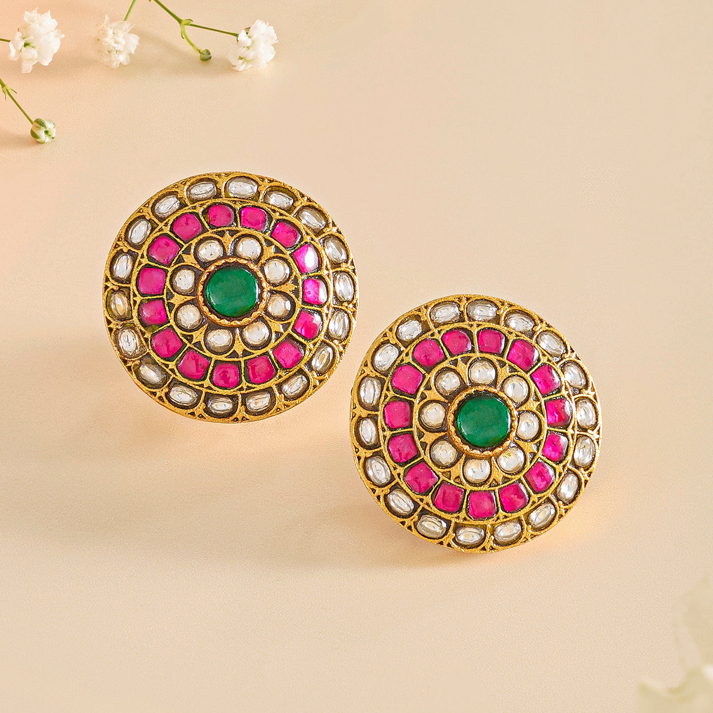Vibrant Pink Kundan Gold Pendant Set with Green Accents