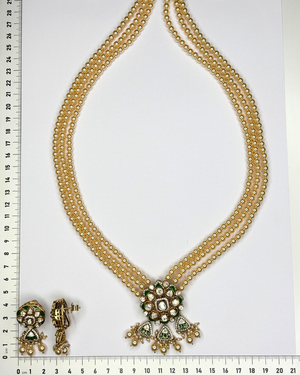 A gold-toned traditional Indian jewelry set consisting of a double-strand necklace.