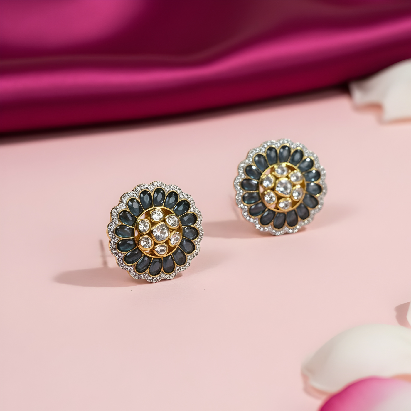 Elegant Moissanite Blossom Stud Earrings - Blue & White