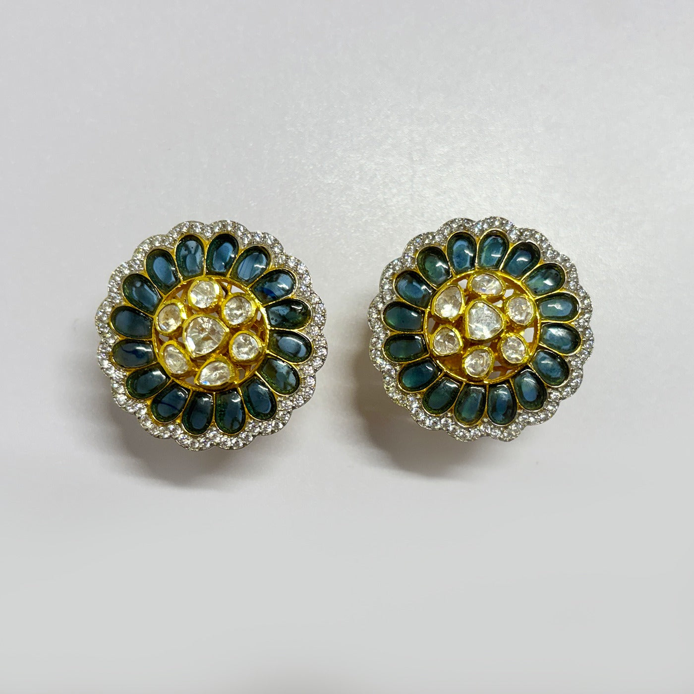 Elegant Moissanite Blossom Stud Earrings - Blue & White