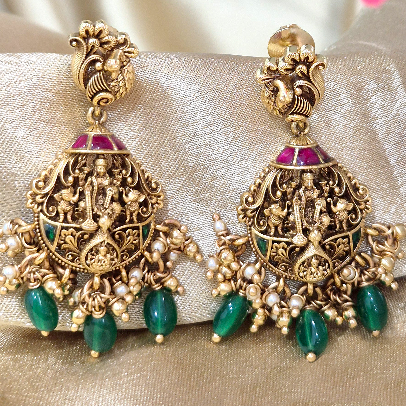 Gold Plated Ashtalakshmi Pendant Necklace Set with Green Beads