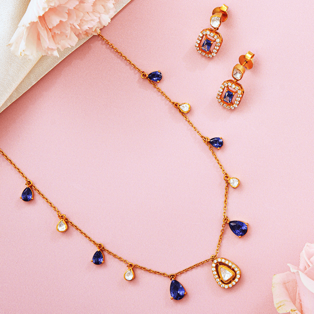 Blue and White Teardrop Necklace Set with Moissanite Accents - HS925