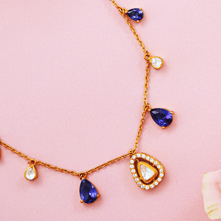 Blue and White Teardrop Necklace Set with Moissanite Accents - HS925
