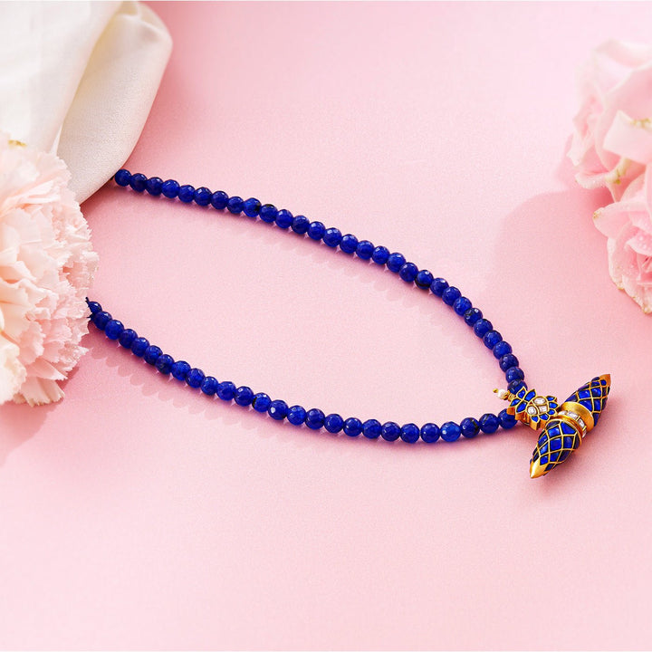 Blue Beaded Kundan Pendant Mala - HS925