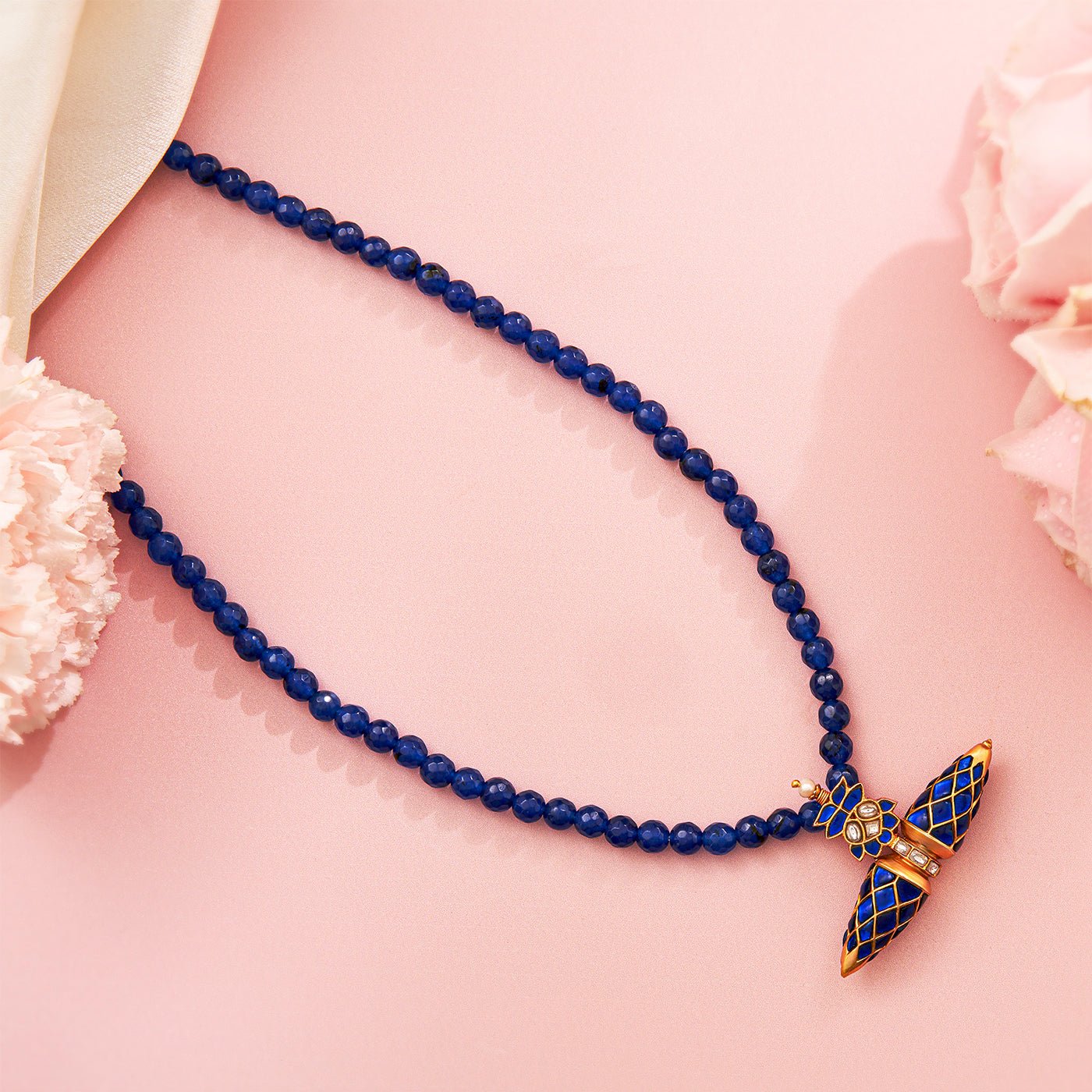 Blue Beaded Kundan Pendant Mala - HS925