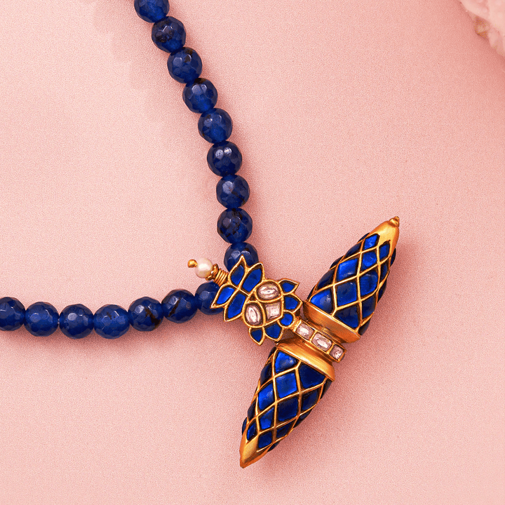 Blue Beaded Kundan Pendant Mala - HS925