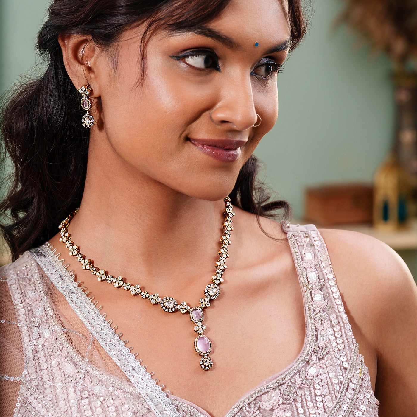 Elegance Victorian Moissanite Necklace Set in Pink