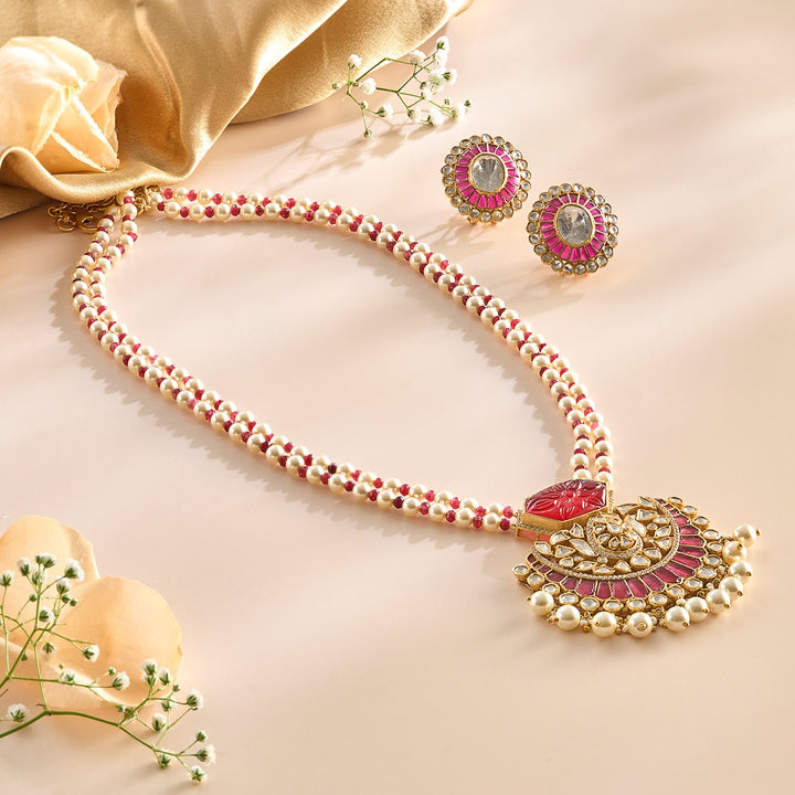Crimson Polki Pearl Pendant Necklace Set - HS925