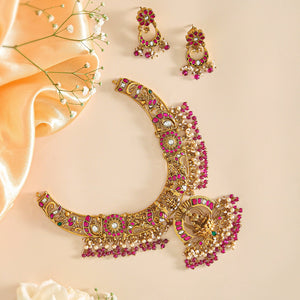 Divine 3D Kundan Lakshmi Necklace Set with Pearls and Antique Gold Finish - HS925