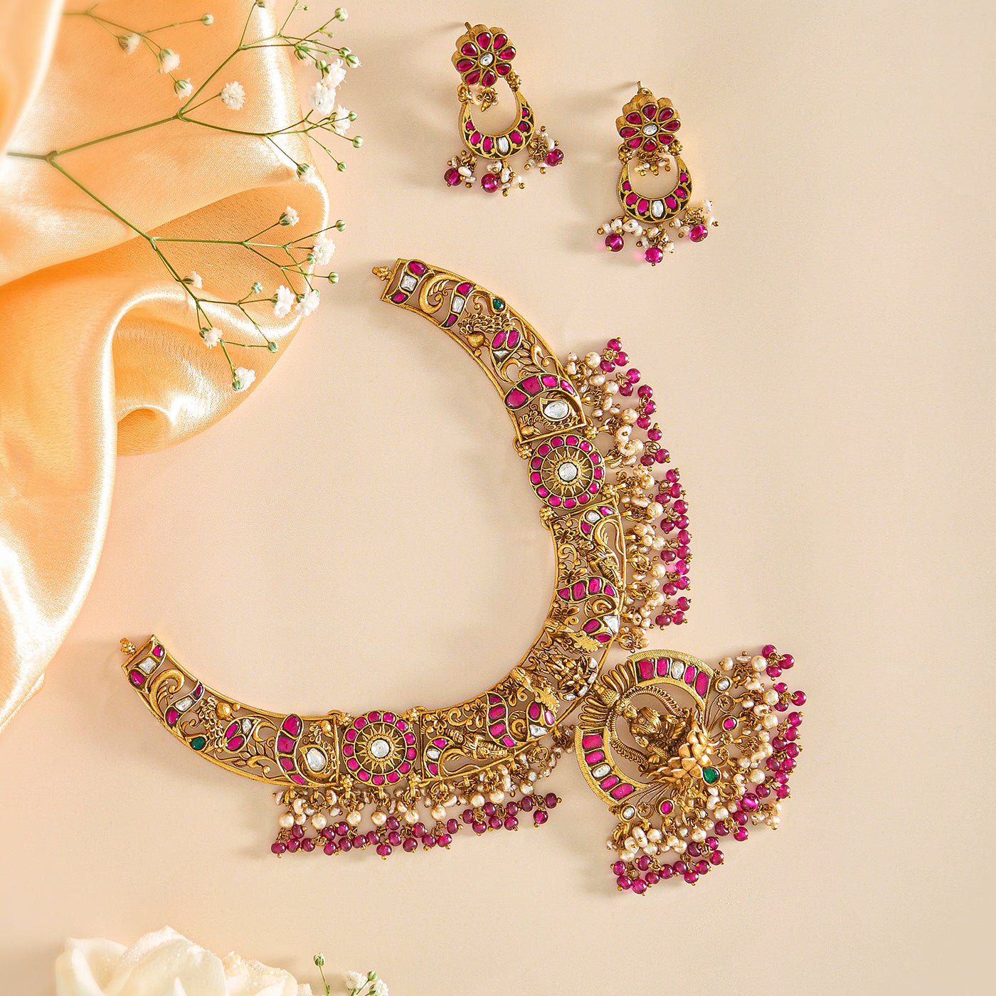 Divine 3D Kundan Lakshmi Necklace Set with Pearls and Antique Gold Finish - HS925