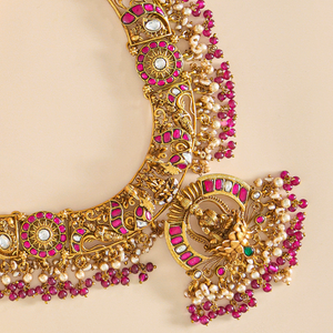 Divine 3D Kundan Lakshmi Necklace Set with Pearls and Antique Gold Finish - HS925