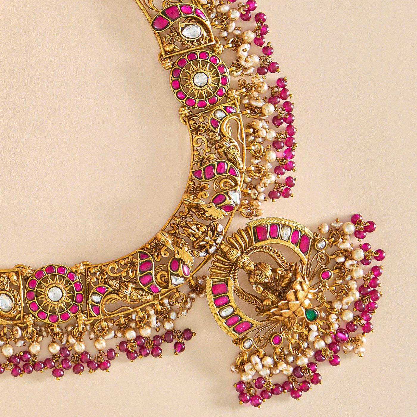 Divine 3D Kundan Lakshmi Necklace Set with Pearls and Antique Gold Finish - HS925