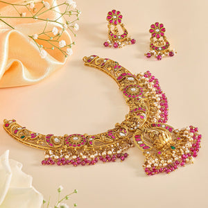 Divine 3D Kundan Lakshmi Necklace Set with Pearls and Antique Gold Finish - HS925