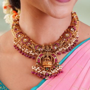Divine 3D Kundan Lakshmi Necklace Set with Pearls and Antique Gold Finish - HS925
