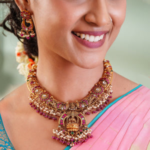 Divine 3D Kundan Lakshmi Necklace Set with Pearls and Antique Gold Finish - HS925