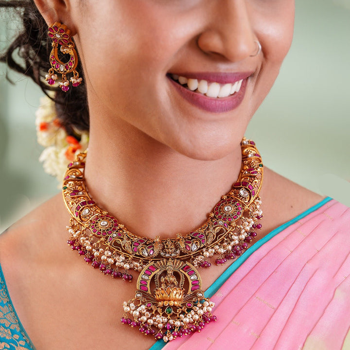 Divine 3D Kundan Lakshmi Necklace Set with Pearls and Antique Gold Finish - HS925