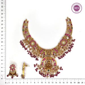 Divine 3D Kundan Lakshmi Necklace Set with Pearls and Antique Gold Finish - HS925