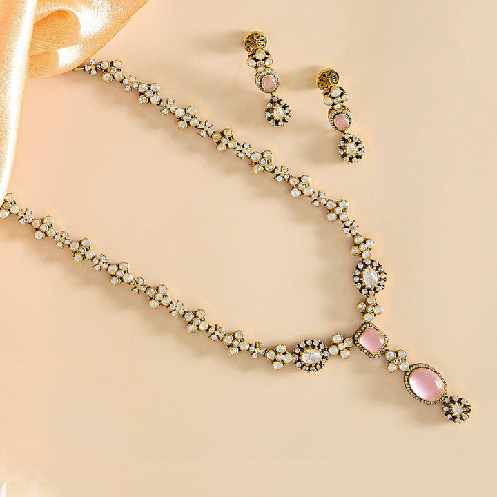 Elegance Victorian Moissanite Necklace Set in Pink - HS925