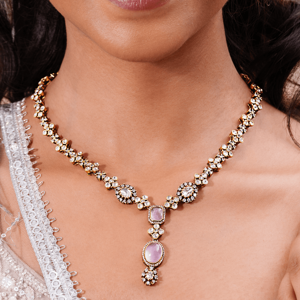 Elegance Victorian Moissanite Necklace Set in Pink - HS925