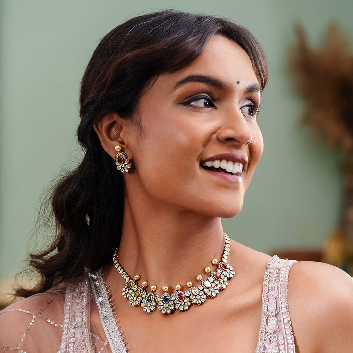 Elegant Navratna Necklace Set - HS925