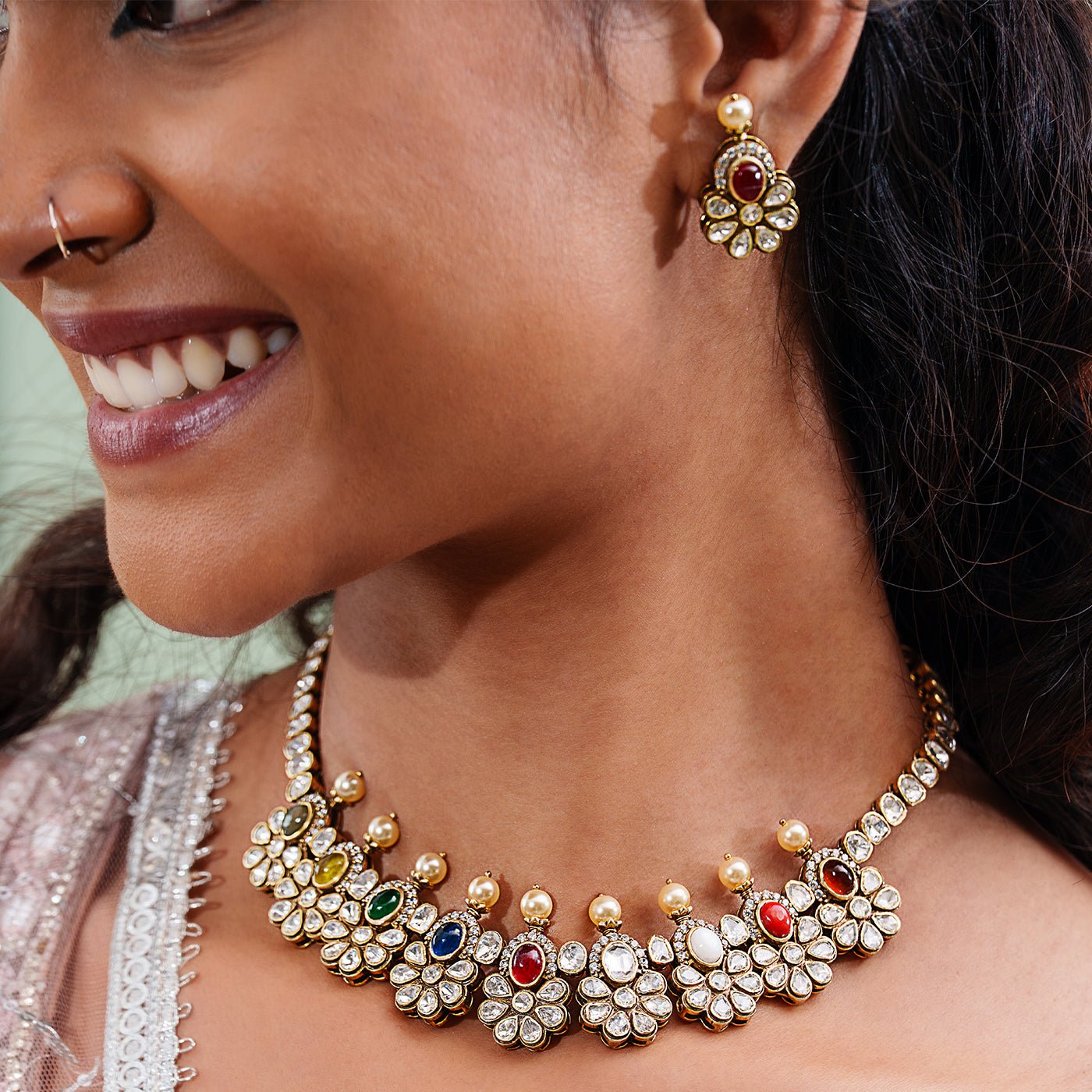 Elegant Navratna Necklace Set - HS925