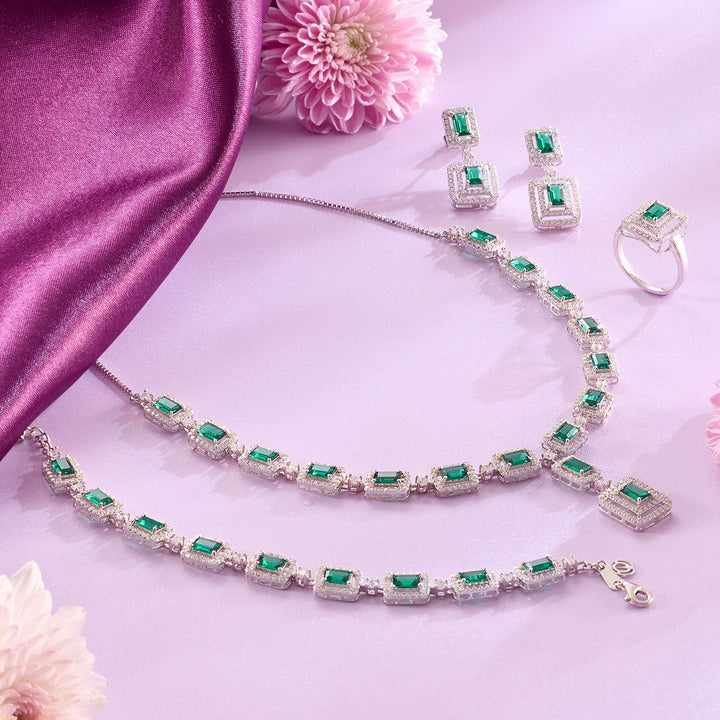 Emerald Glow Green CZ Necklace and Earring Set - HS925