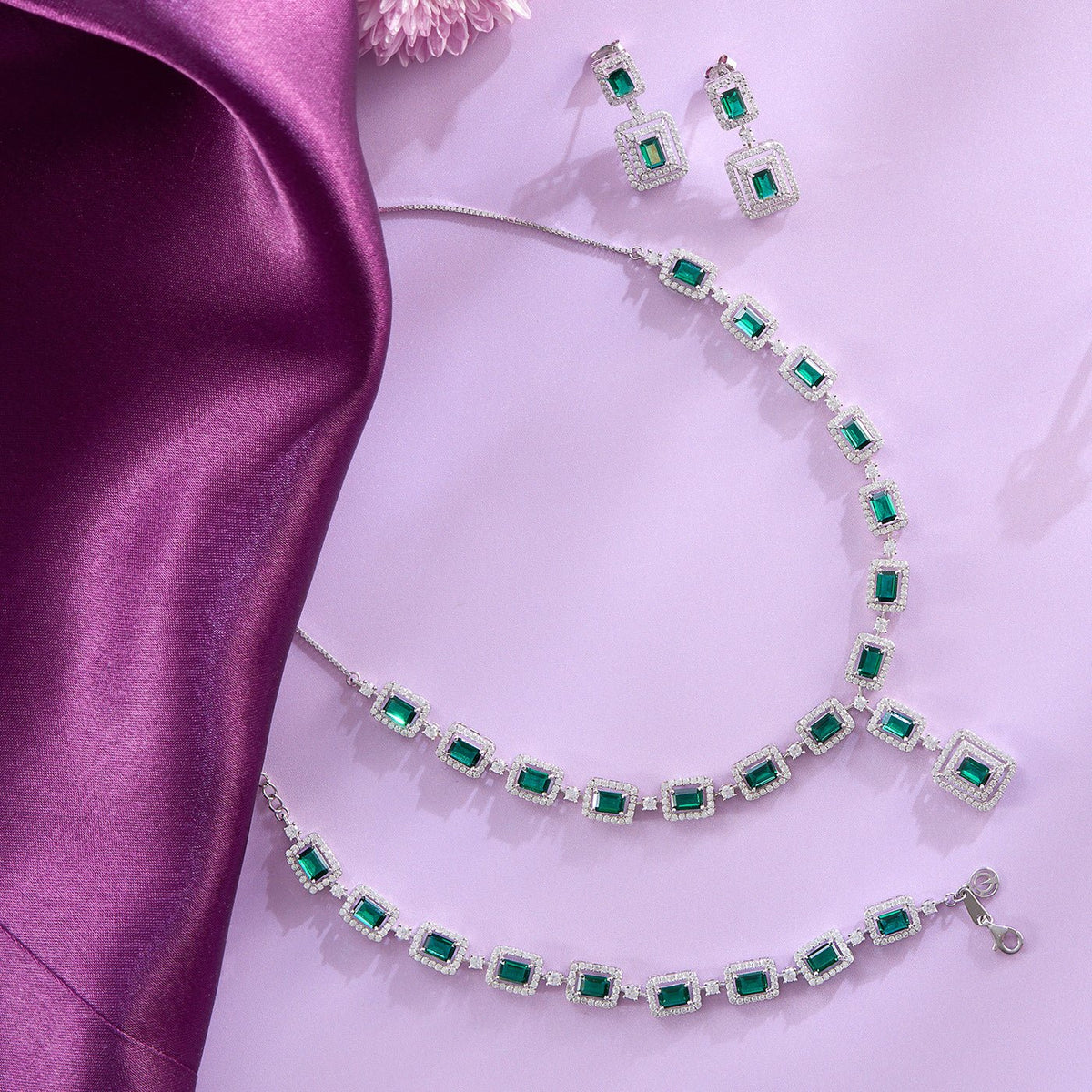 Emerald Glow Green CZ Necklace and Earring Set - HS925