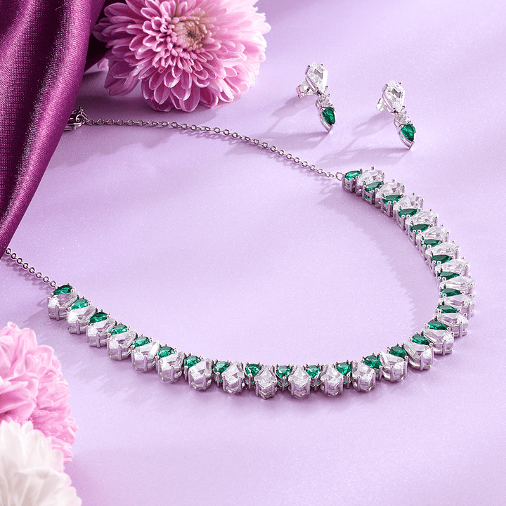 Emerald Radiance Green Stone Bridal Necklace & Earrings - HS925