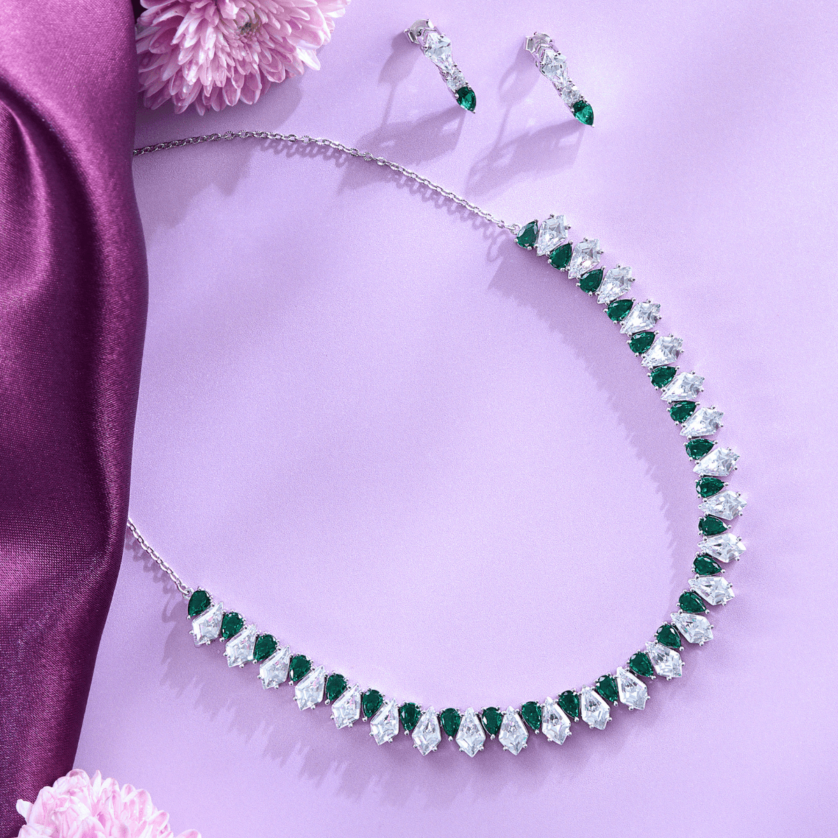 Emerald Radiance Green Stone Bridal Necklace & Earrings - HS925