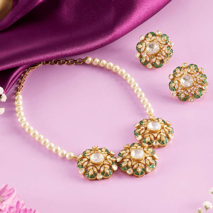 Graceful Moissanite Pearl Choker Necklace and Earring Set - HS925