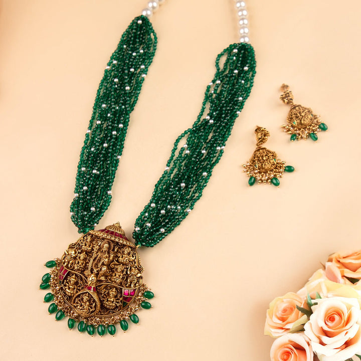 Green Beads Ashtalakshmi Necklace Set with Earrings - HS925